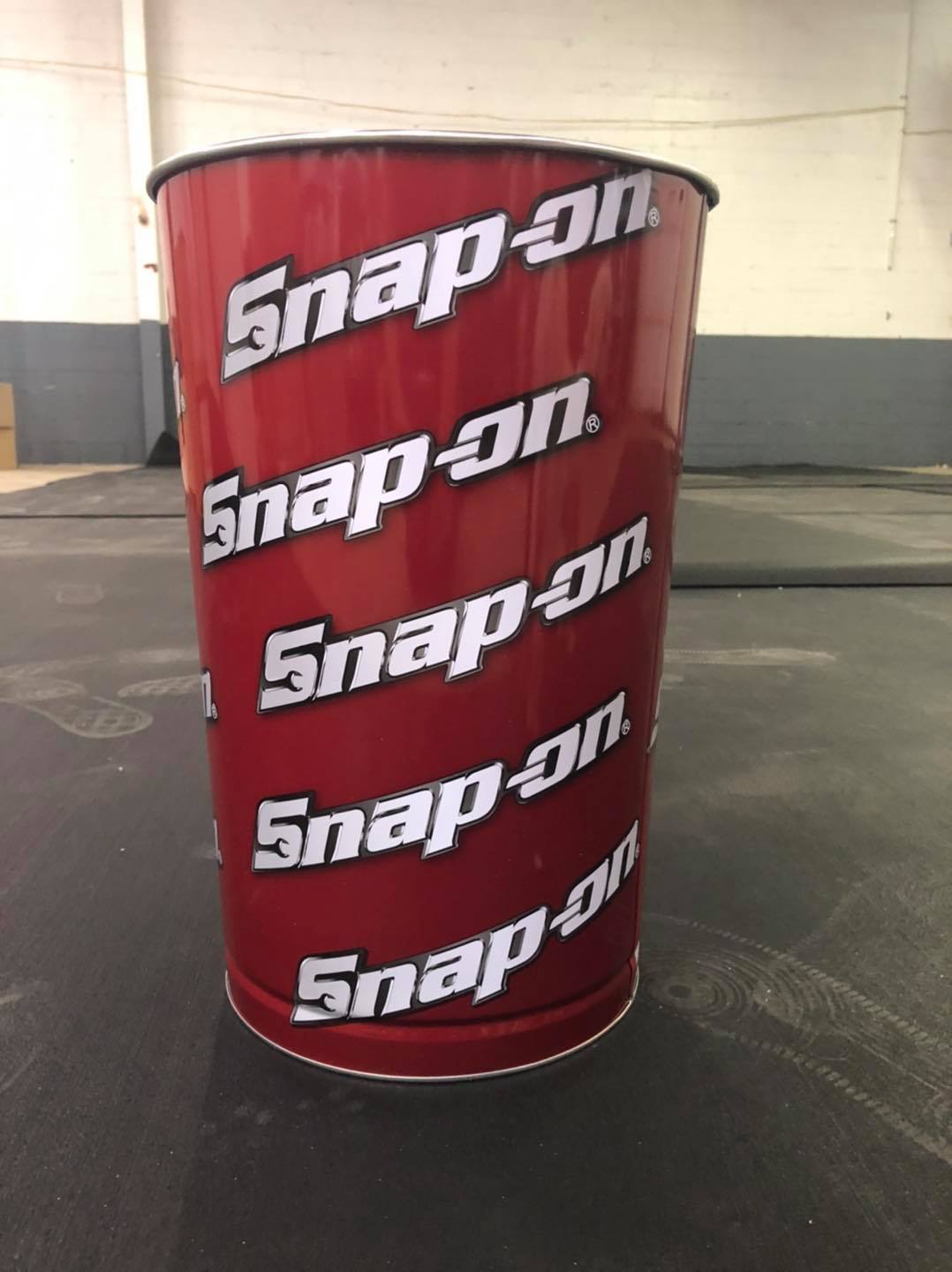 Snap On Tools brand logo vintage steel trash can for garage, work